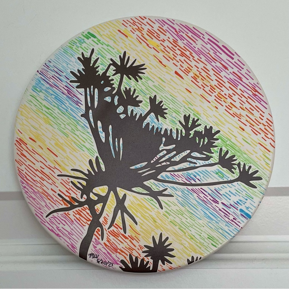 HAND PAINTED Circular Ceramic Tile, Silhouette Tree w Pink Orange Yellow Green+